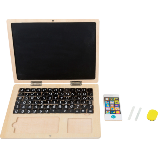 Fa gyerek laptop, mágneses táblával és mobiltelefonnal